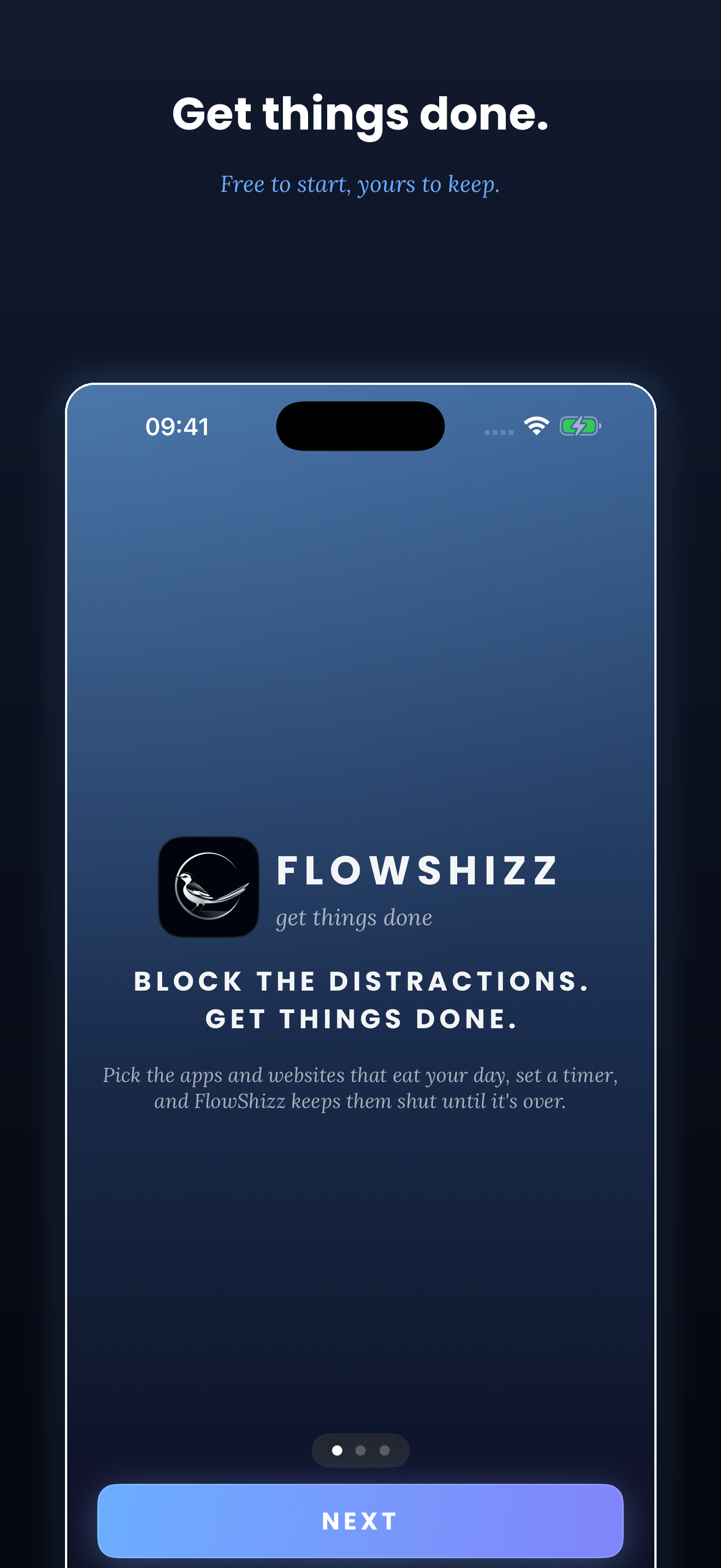 FlowShizz welcome screen: Get things done. Free to start, yours to keep.