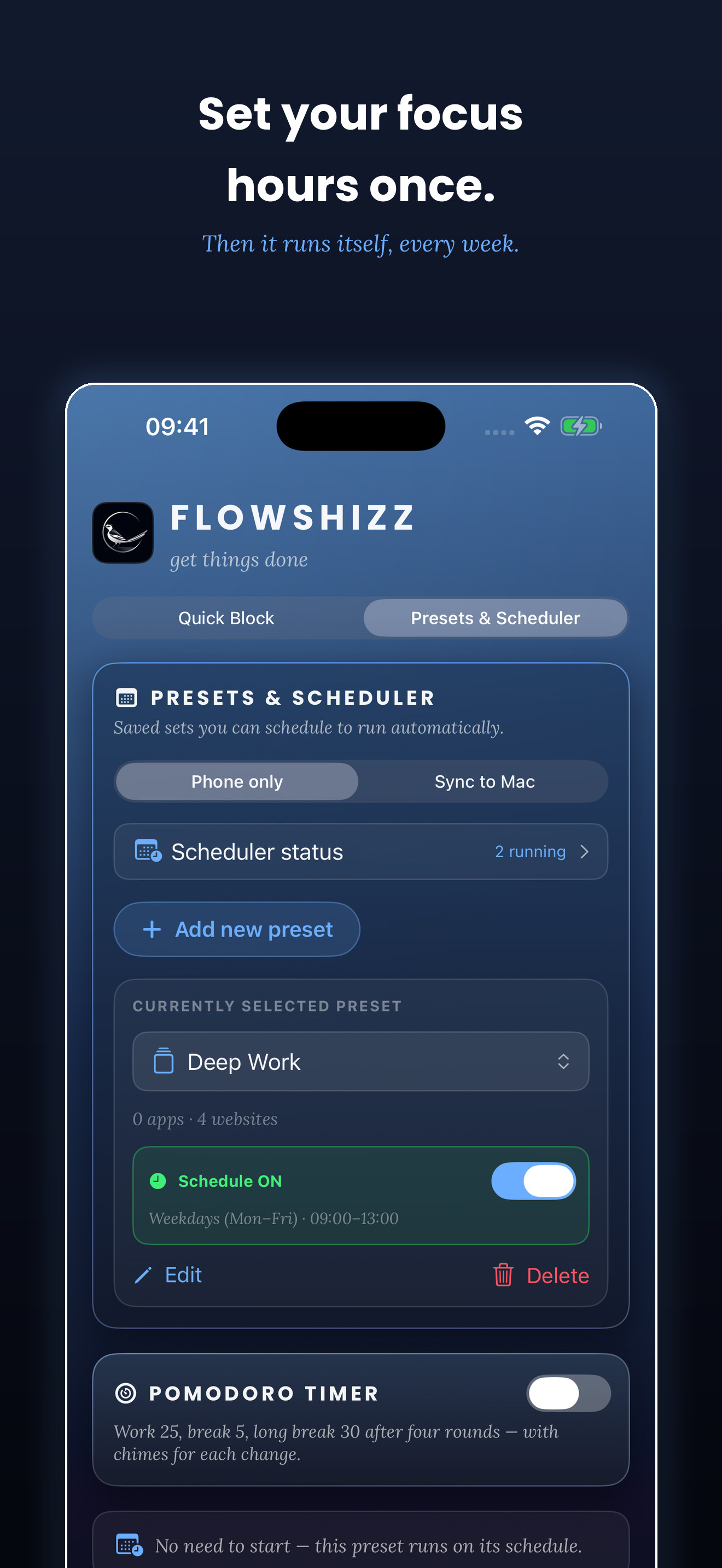 FlowShizz presets and scheduler screen.
